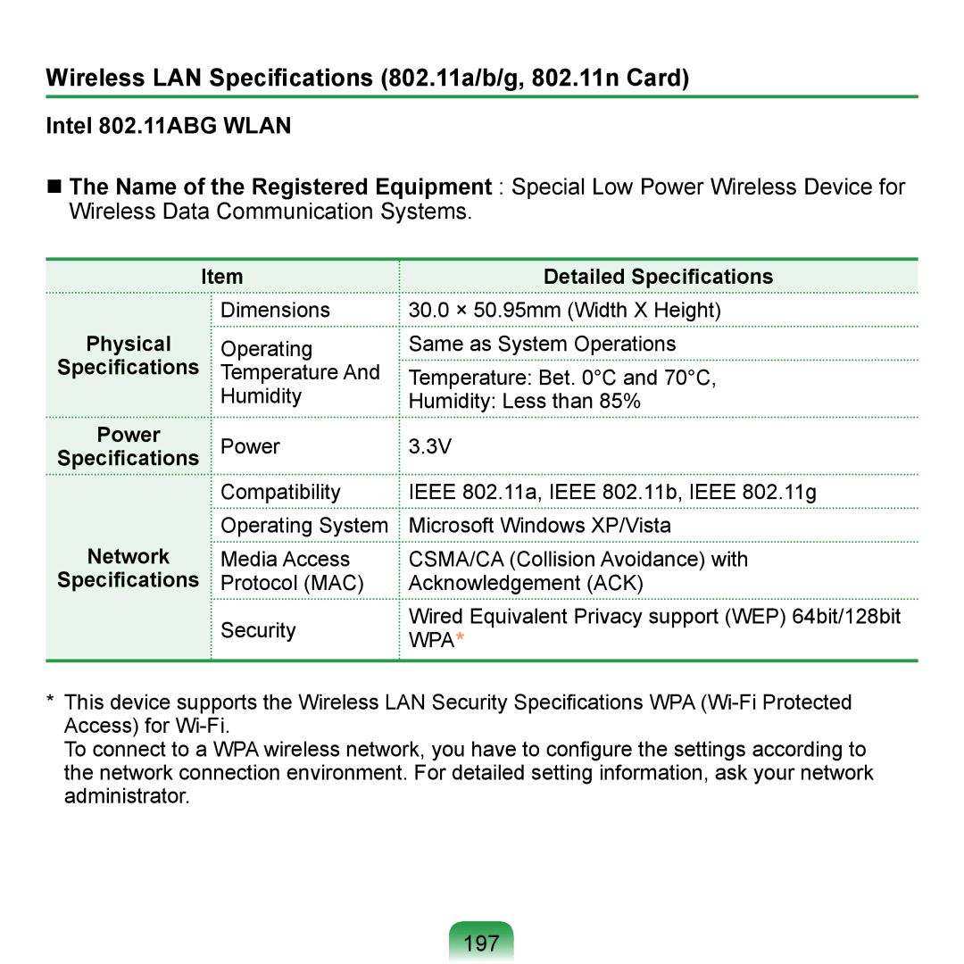 Samsung NP-Q1U/001/SEF manual Wireless LAN Specifications 802.11a/b/g, 802.11n Card, 197, Detailed Specifications, Physical 