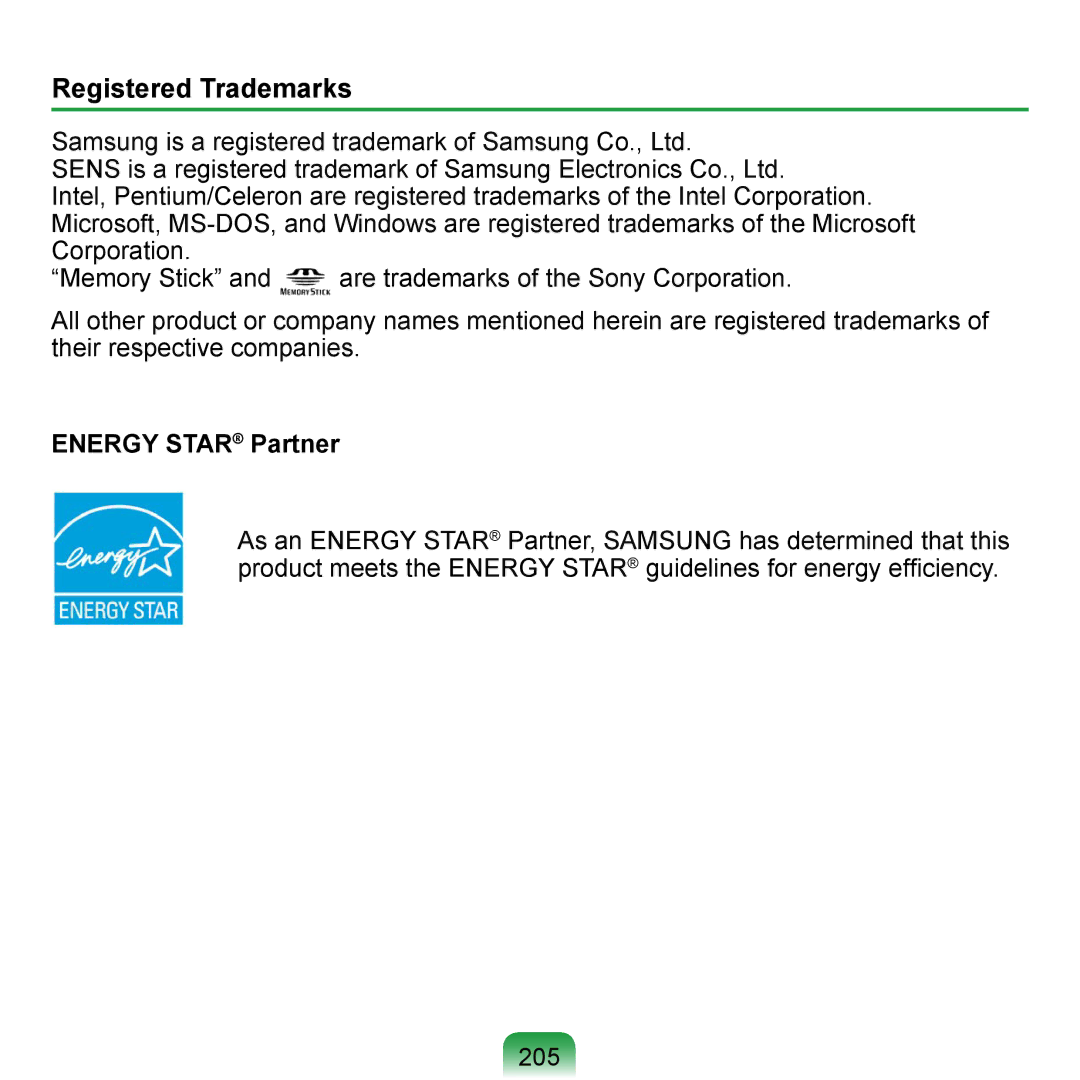 Samsung NP-Q1U/E02/SEI, NP-Q1U/YM/SEG, NP-Q1U/001/SEG, NP-Q1UR000/SEG manual Registered Trademarks, Energy Star Partner, 205 