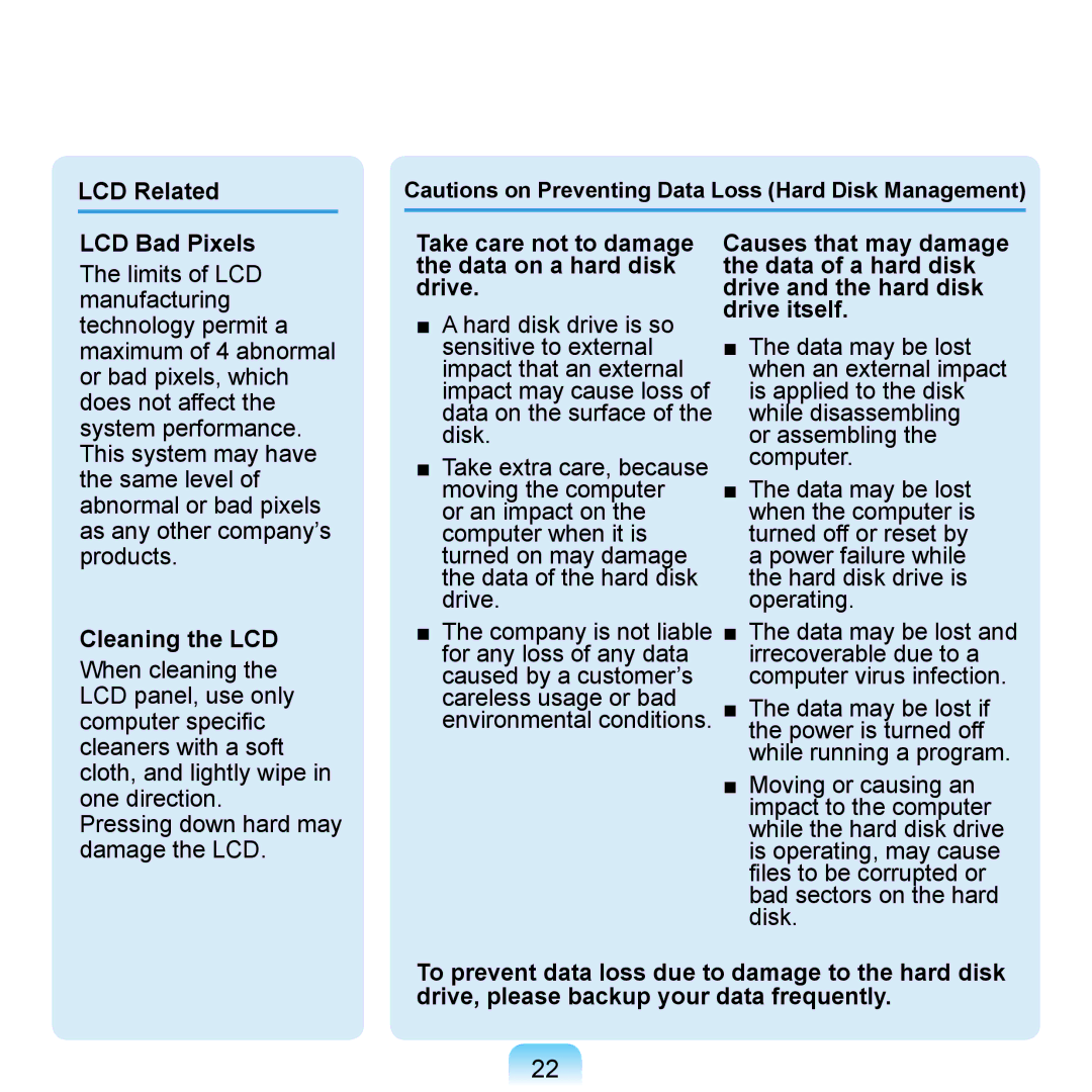 Samsung NP-Q1U/000/SEI, NP-Q1U/YM/SEG, NP-Q1U/001/SEG manual LCD Related LCD Bad Pixels, Cleaning the LCD, Drive itself 