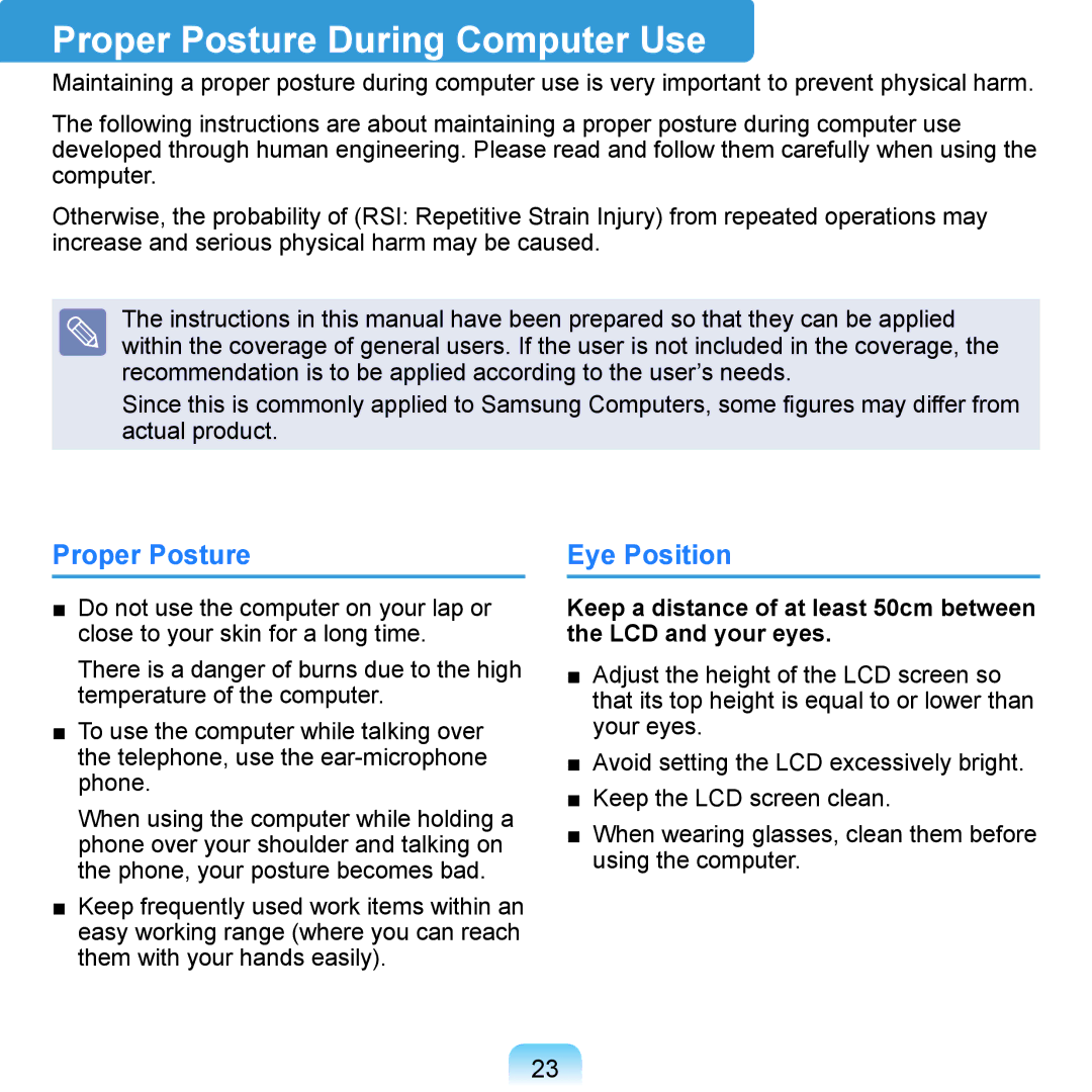 Samsung NP-Q1U/001/SEI, NP-Q1U/YM/SEG, NP-Q1U/001/SEG, NP-Q1UR000/SEG manual Proper Posture During Computer Use, Eye Position 