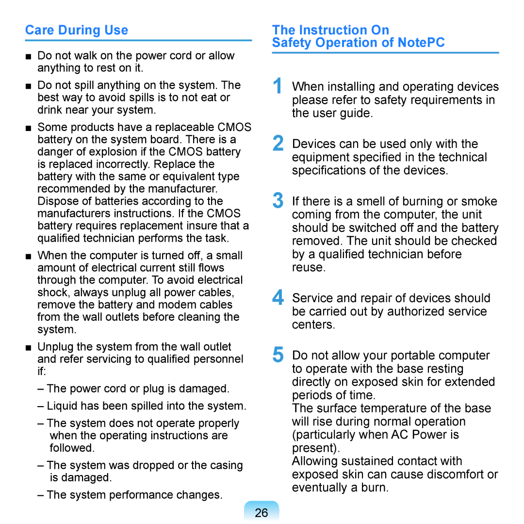 Samsung NP-Q1UF000/SEI, NP-Q1U/YM/SEG, NP-Q1U/001/SEG manual Care During Use, Instruction On Safety Operation of NotePC 