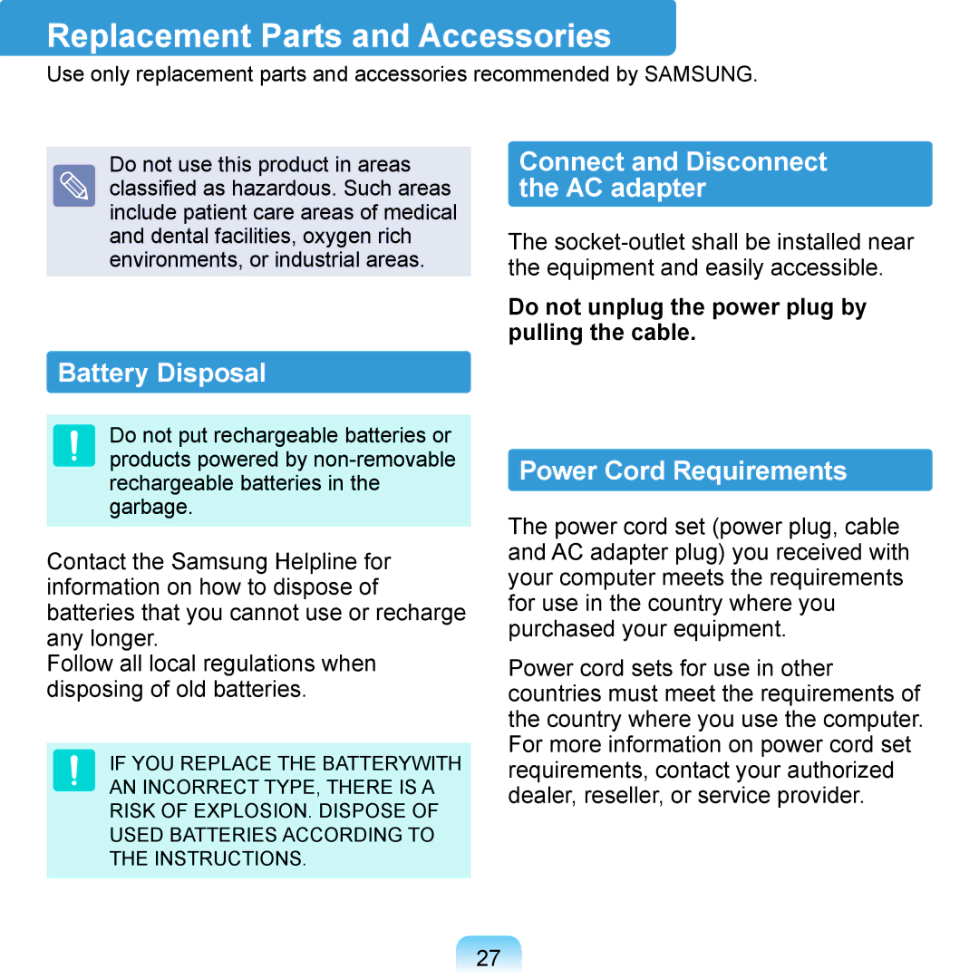 Samsung NP-Q1U/002/SEI manual Replacement Parts and Accessories, Connect and Disconnect the AC adapter, Battery Disposal 