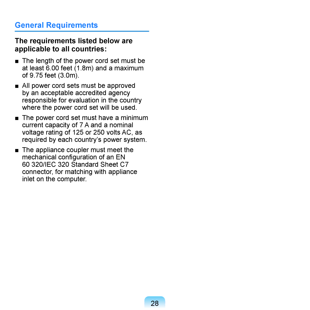 Samsung NP-Q1U/001/SES, NP-Q1U/YM/SEG manual General Requirements, Requirements listed below are applicable to all countries 