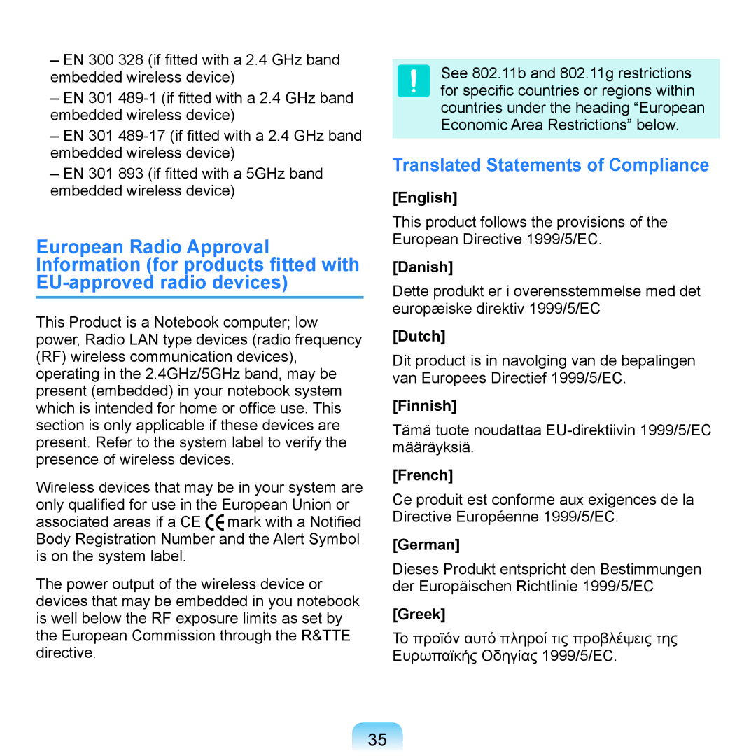 Samsung NP-Q1UA000/SER, NP-Q1U/YM/SEG, NP-Q1U/001/SEG, NP-Q1UR000/SEG, NP-Q1U/000/SEG Translated Statements of Compliance 