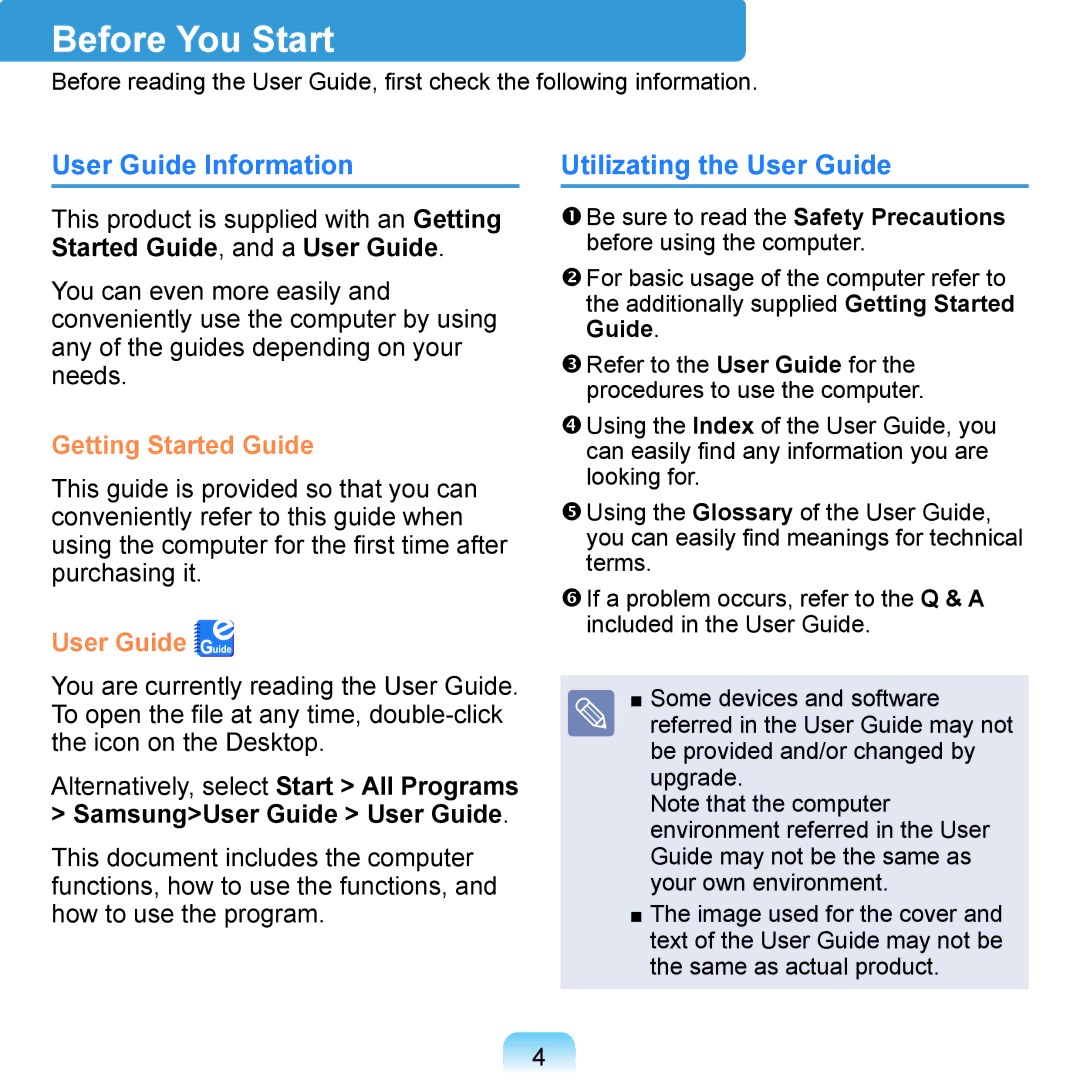 Samsung NP-Q1U/BAY/SEG, NP-Q1U/YM/SEG, NP-Q1U/001/SEG Before You Start, User Guide Information, Utilizating the User Guide 