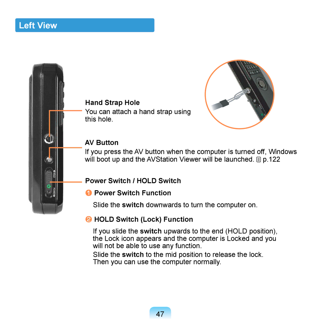 Samsung NP-Q1UFY01/SEF manual Left View, Hand Strap Hole, AV Button, Power Switch / Hold Switch Power Switch Function 