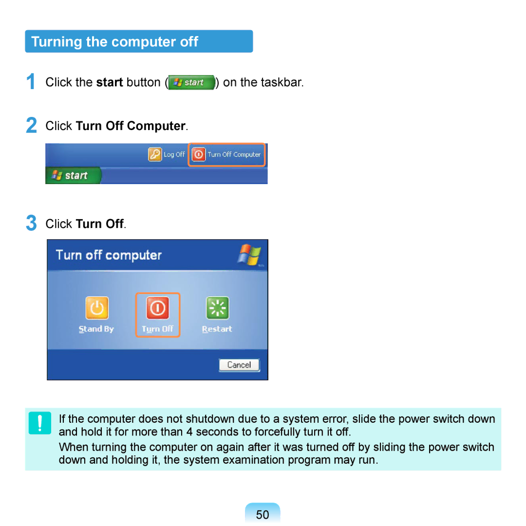 Samsung NP-Q1U/YM/SEF manual Turning the computer off, Click the start button on the taskbar, Click Turn Off Computer 