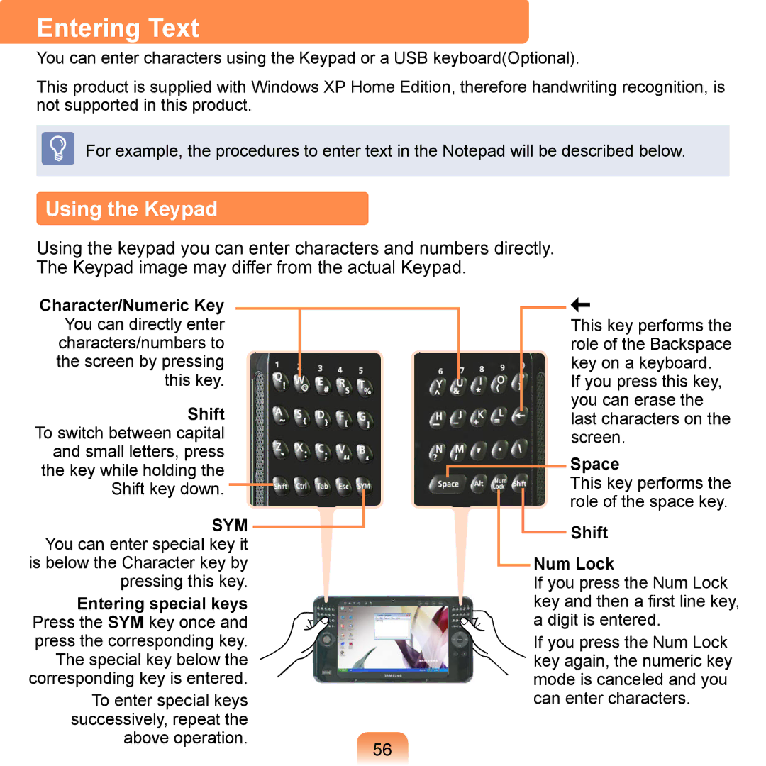 Samsung NP-Q1U/AUT/SEI, NP-Q1U/YM/SEG, NP-Q1U/001/SEG, NP-Q1UR000/SEG, NP-Q1U/000/SEG manual Entering Text, Using the Keypad 