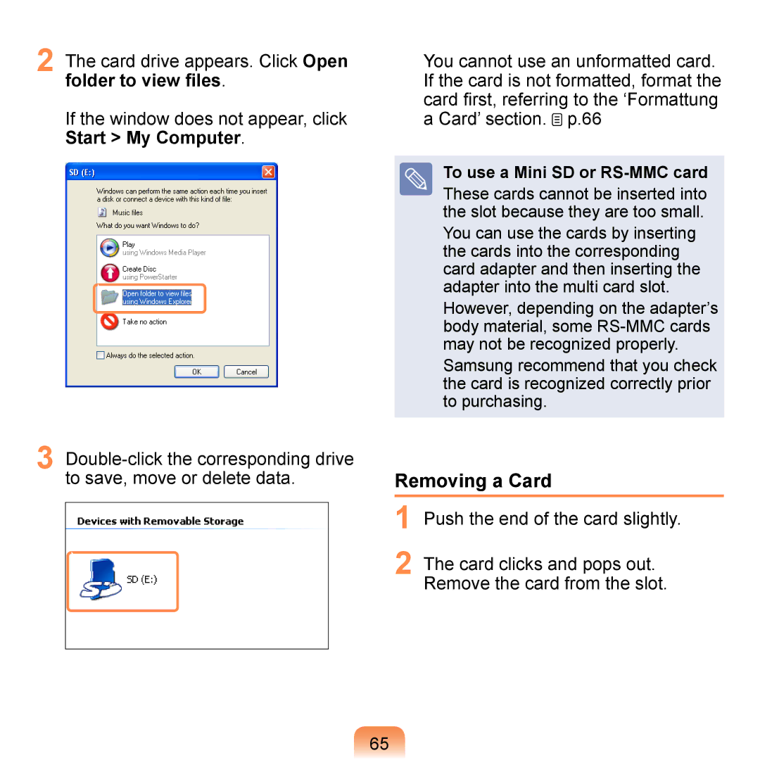 Samsung NP-Q1U/001/SES, NP-Q1U/YM/SEG, NP-Q1U/001/SEG, NP-Q1UR000/SEG manual Removing a Card, To use a Mini SD or RS-MMC card 