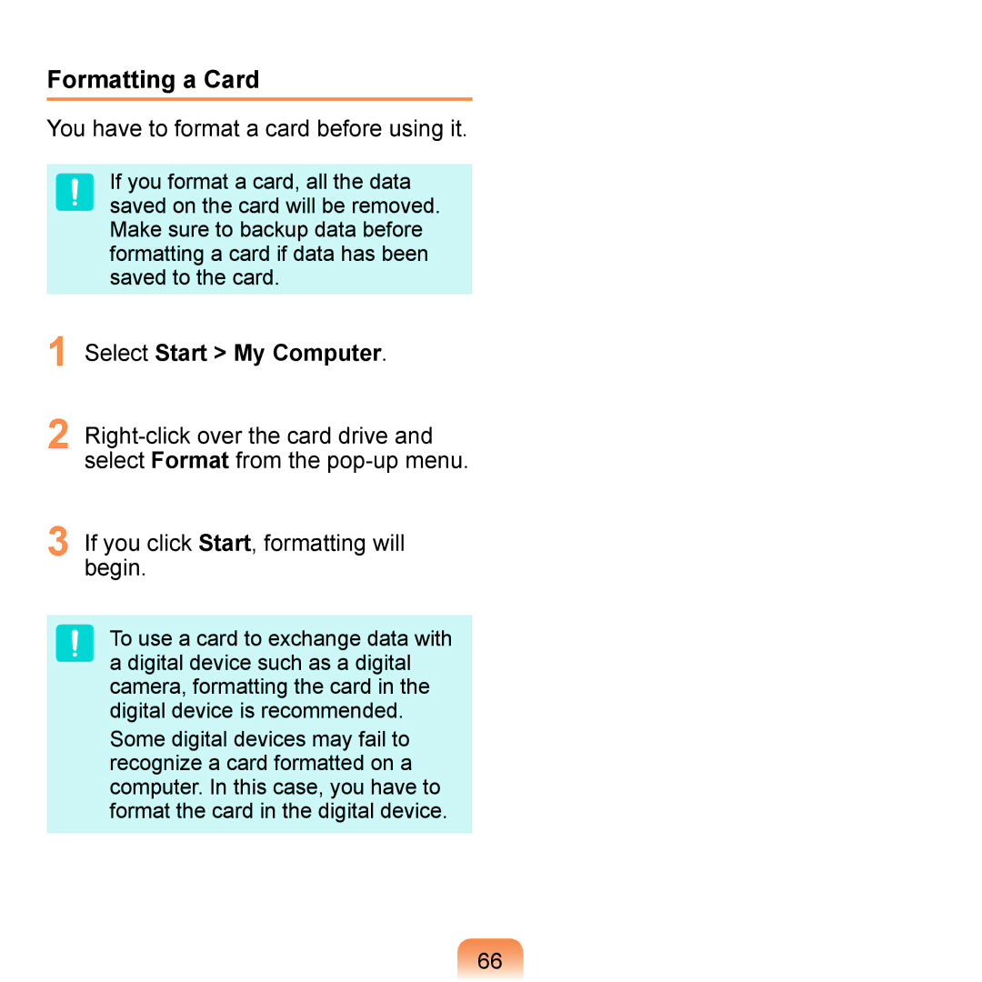 Samsung NP-Q1U/YM/SES manual Formatting a Card, You have to format a card before using it, Select Start My Computer 