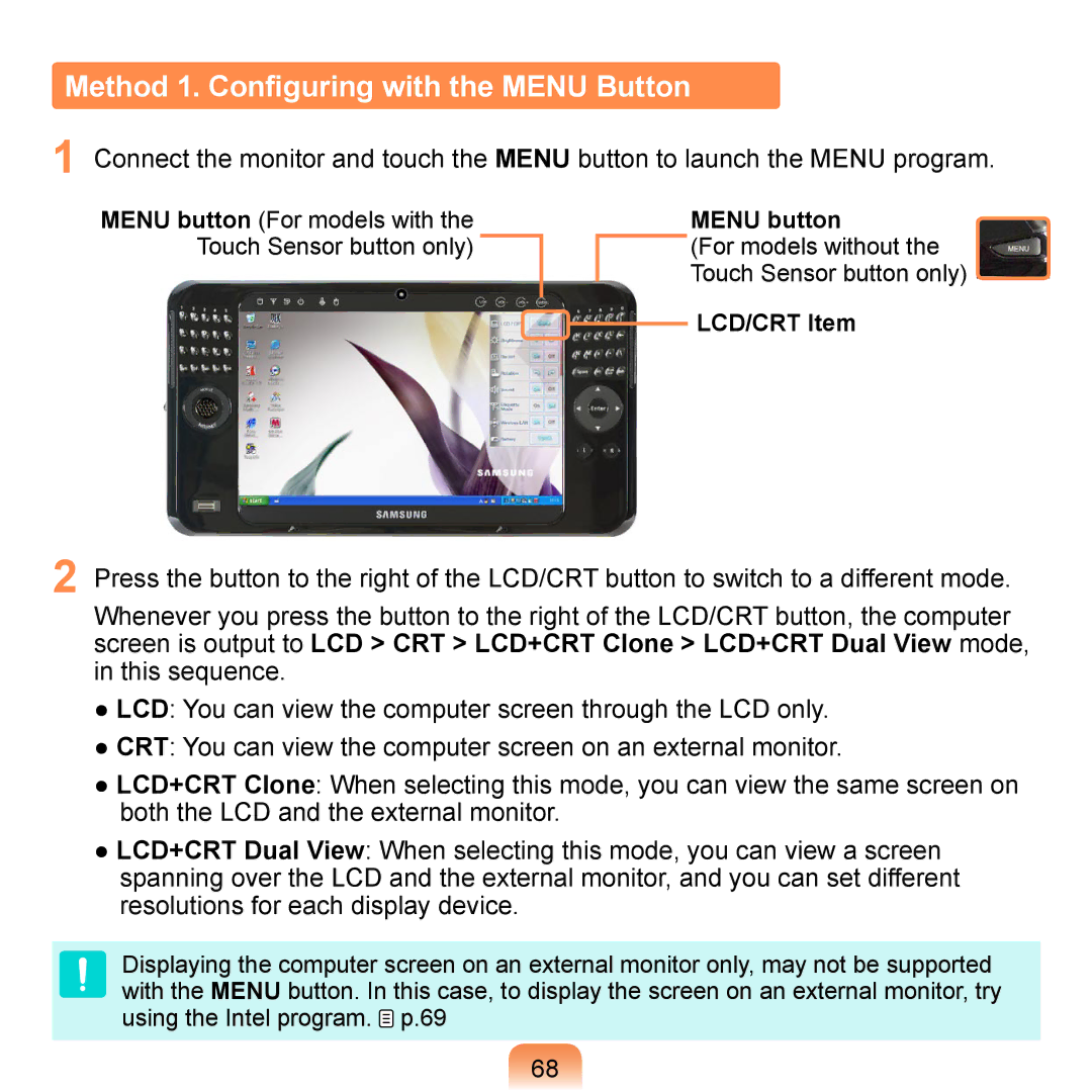 Samsung NP-Q1U/002/SES, NP-Q1U/YM/SEG, NP-Q1U/001/SEG manual Method 1. Configuring with the Menu Button, LCD/CRT Item 