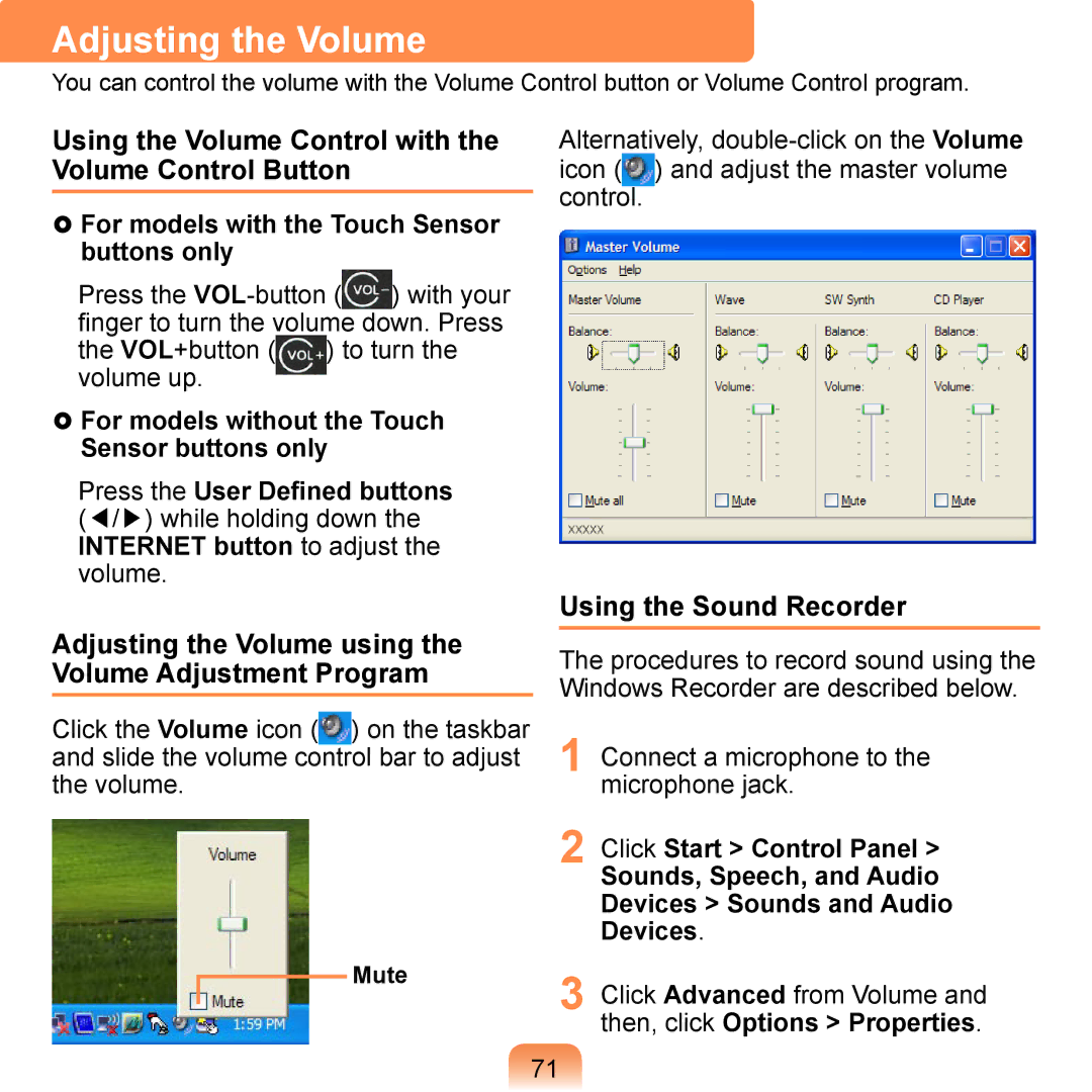 Samsung NP-Q1UR000/SER, NP-Q1U/YM/SEG manual Adjusting the Volume, Using the Volume Control with the Volume Control Button 