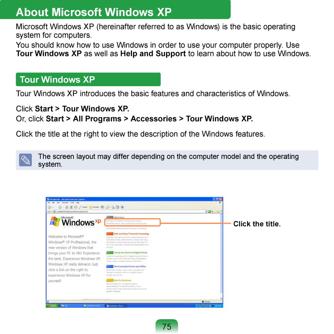 Samsung NP-Q1U/001/SEG, NP-Q1U/YM/SEG, NP-Q1UR000/SEG manual About Microsoft Windows XP, Tour Windows XP, Click the title 