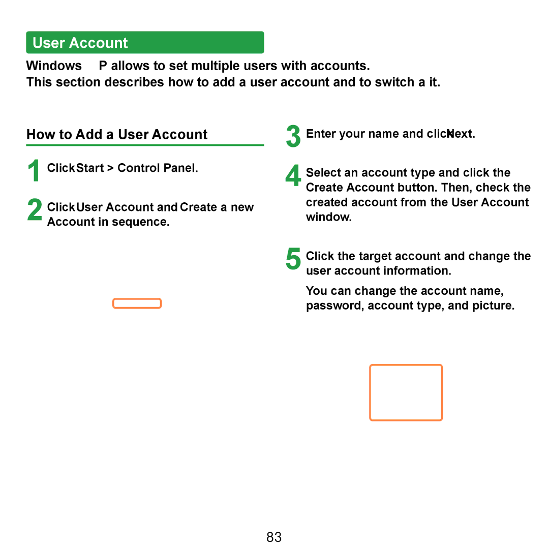 Samsung NP-Q1U/NLX/SEF, NP-Q1U/YM/SEG, NP-Q1U/001/SEG, NP-Q1UR000/SEG, NP-Q1U/000/SEG manual How to Add a User Account 