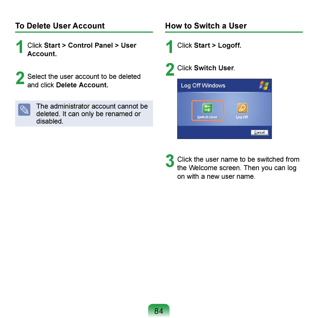 Samsung NP-Q1UFY01/SEF, NP-Q1U/YM/SEG To Delete User Account, How to Switch a User, ClickAccount.Start Control Panel User 