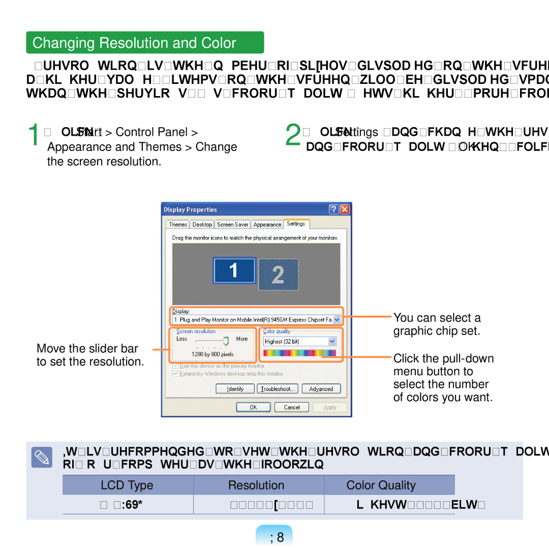 Samsung NP-Q1U/DEL/SEF, NP-Q1U/YM/SEG, NP-Q1U/001/SEG manual Changing Resolution and Color, LCD Type Resolution Color Quality 