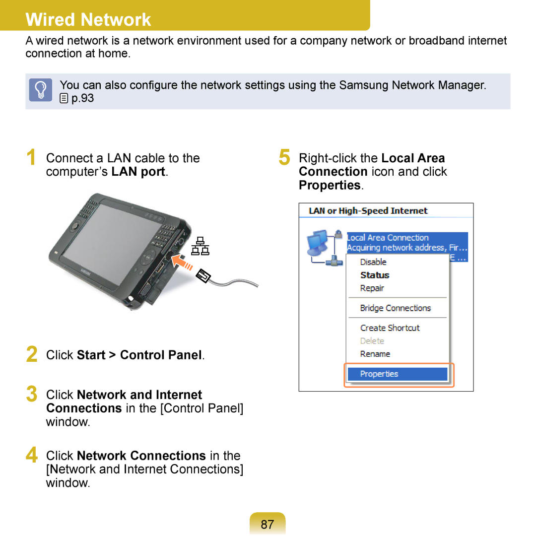 Samsung NP-Q1U/YM/SEF, NP-Q1U/YM/SEG manual Wired Network, Click Start Control Panel Click Network and Internet, Properties 