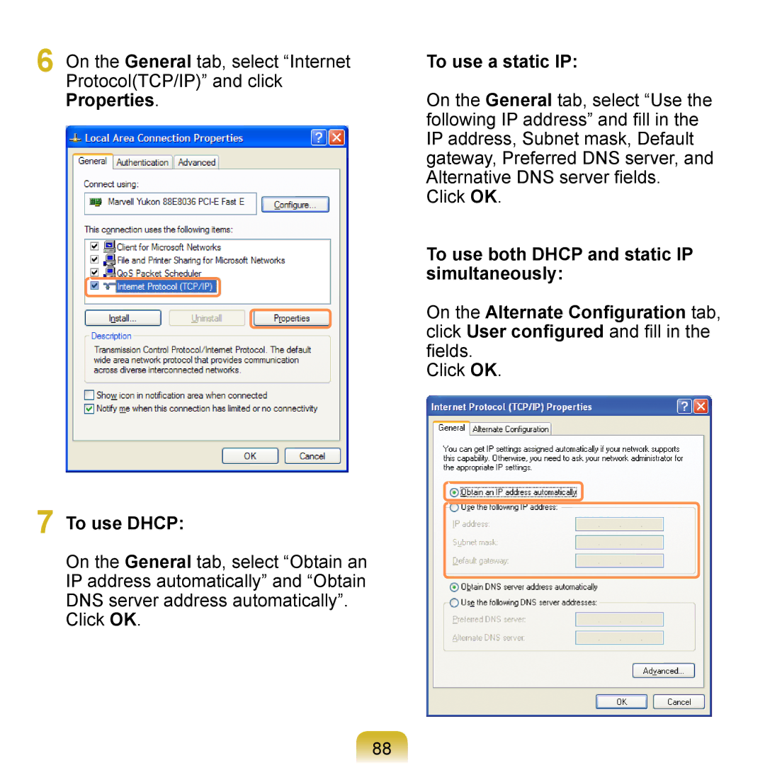 Samsung NP-Q1U-AIR/SEF, NP-Q1U/YM/SEG, NP-Q1U/001/SEG, NP-Q1UR000/SEG, NP-Q1U/000/SEG manual To use Dhcp, To use a static IP 