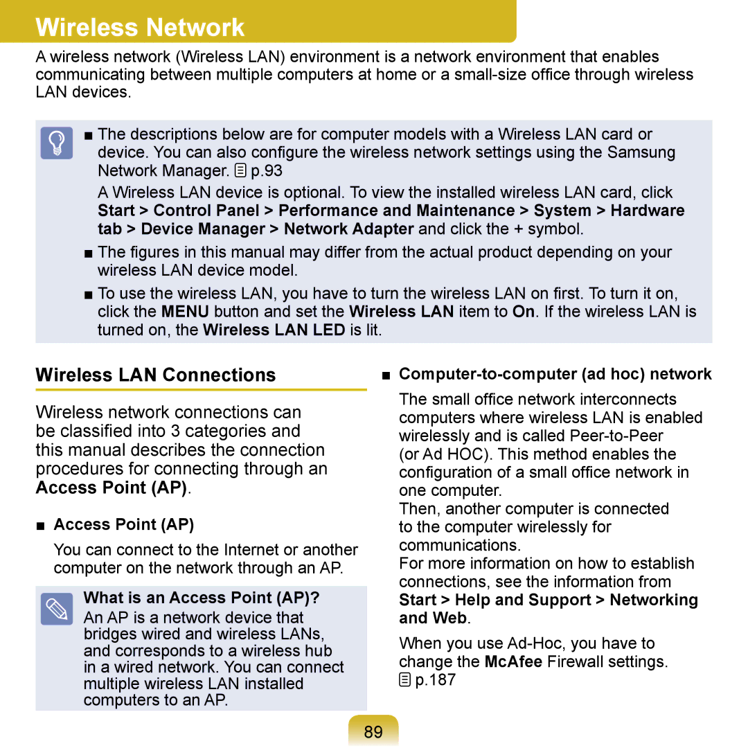 Samsung NP-Q1U-003/SEF, NP-Q1U/YM/SEG, NP-Q1U/001/SEG, NP-Q1UR000/SEG manual Wireless Network, Wireless LAN Connections 