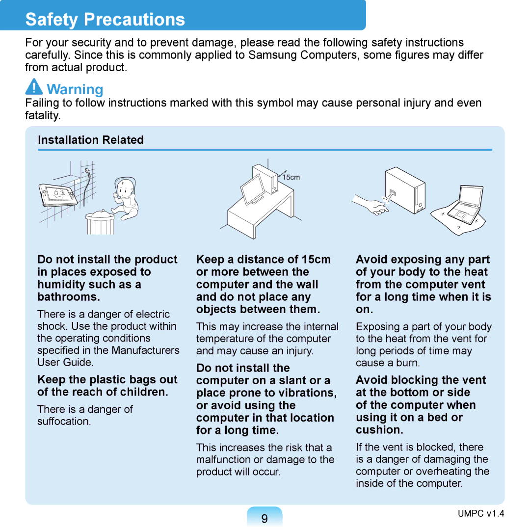 Samsung NP-Q1U/NLX/SEF, NP-Q1U/YM/SEG, NP-Q1U/YM/SEF Safety Precautions, Keep the plastic bags out of the reach of children 