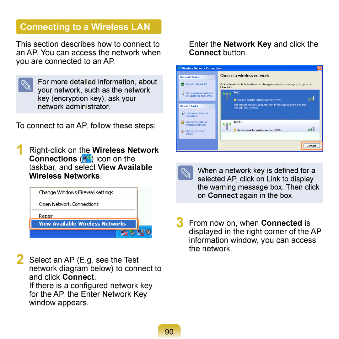 Samsung NP-Q1U/Y01/SEF, NP-Q1U/YM/SEG, NP-Q1U/001/SEG, NP-Q1UR000/SEG manual Connecting to a Wireless LAN, Connect button 