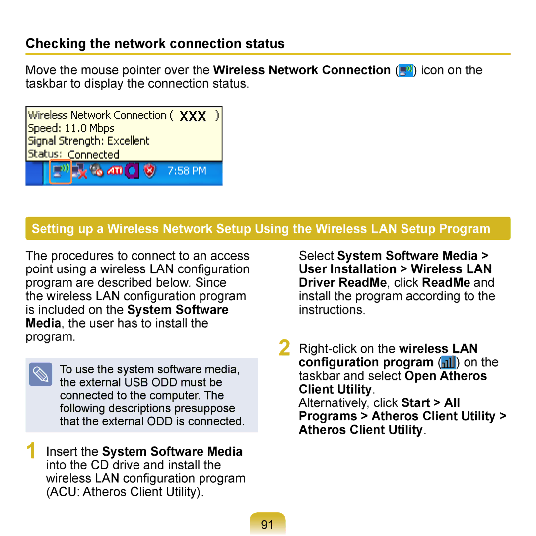 Samsung NP-Q1UA000/SEI Checking the network connection status, Programs Atheros Client Utility Atheros Client Utility 