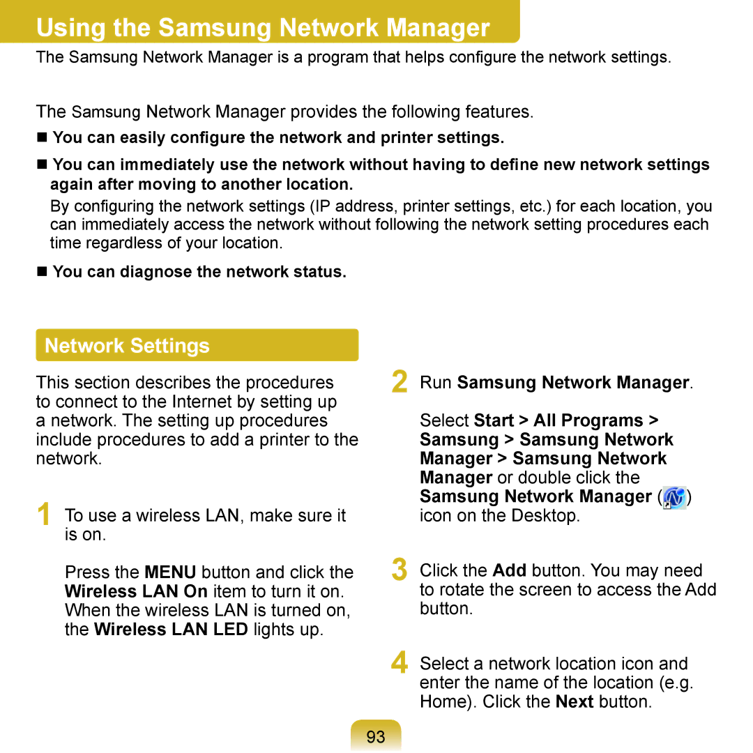 Samsung NP-Q1U/AUT/SEI, NP-Q1U/YM/SEG, NP-Q1U/001/SEG, NP-Q1UR000/SEG Using the Samsung Network Manager, Network Settings 