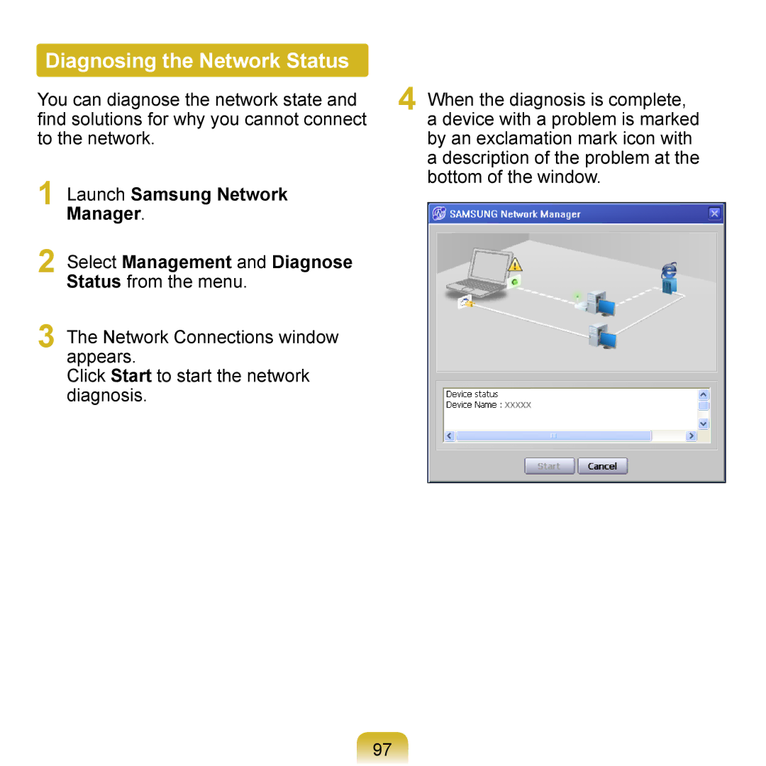 Samsung NP-Q1U/001/SEI, NP-Q1U/YM/SEG, NP-Q1U/001/SEG, NP-Q1UR000/SEG, NP-Q1U/000/SEG manual Diagnosing the Network Status 