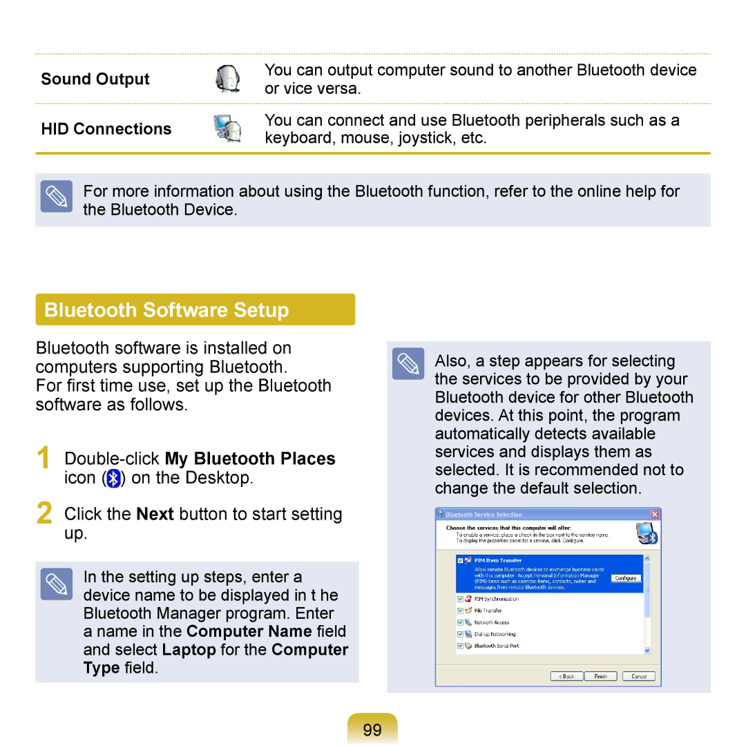 Samsung NP-Q1U/E03/SEI, NP-Q1U/YM/SEG, NP-Q1U/001/SEG, NP-Q1UR000/SEG Bluetooth Software Setup, Sound Output HID Connections 