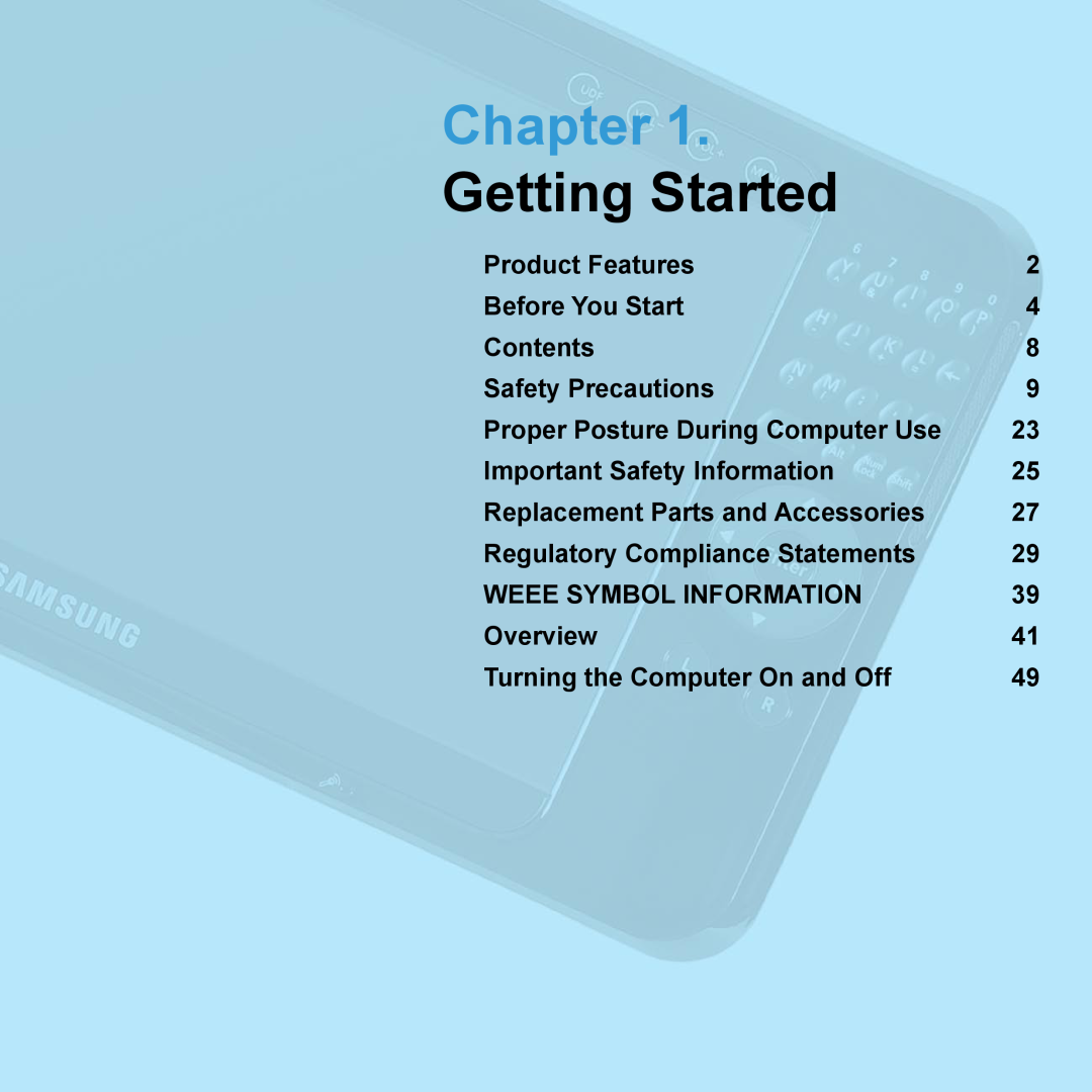 Samsung NP-Q1U/001/SEG manual Chapter, Getting Started, Product Features, Before You Start, Contents, Safety Precautions 