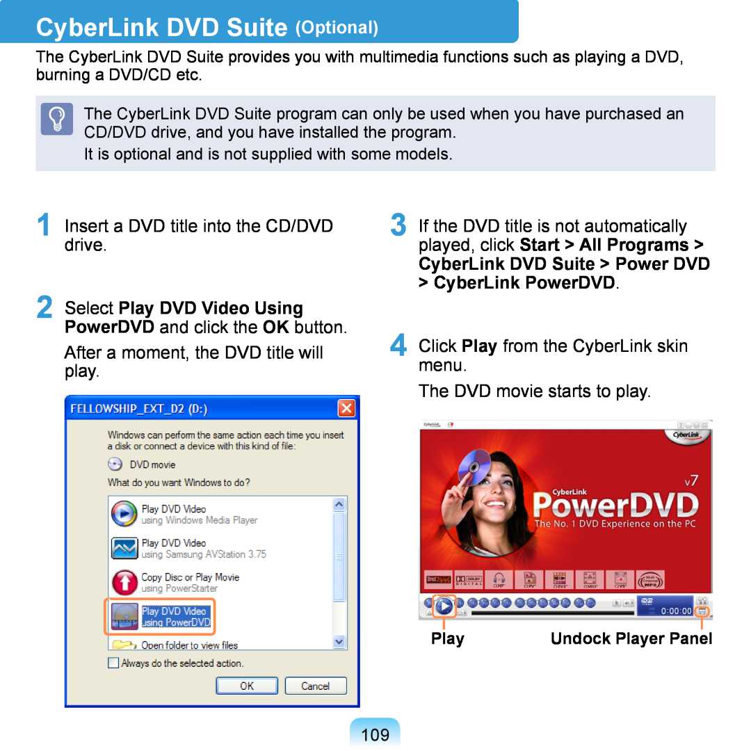 Samsung NP-Q1UA000/SER, NP-Q1U/YM/SEG CyberLink DVD Suite Optional, CyberLink DVD Suite Power DVD CyberLink PowerDVD, Play 