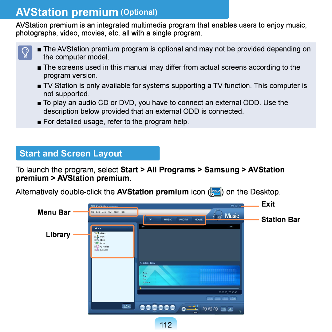 Samsung NP-Q1U/001/SEG manual AVStation premium Optional, Start and Screen Layout, Menu Bar Library, Exit Station Bar 