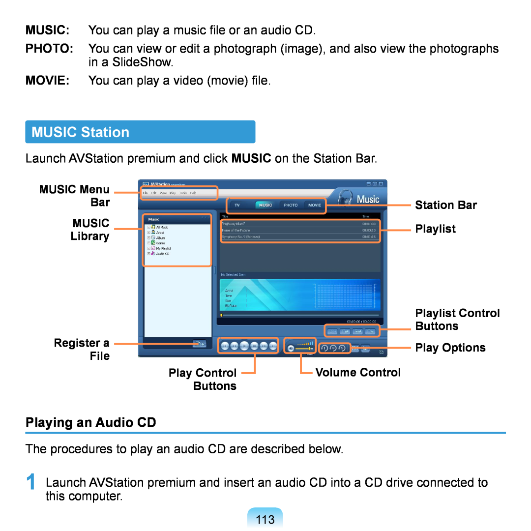 Samsung NP-Q1UR000/SEG, NP-Q1U/YM/SEG, NP-Q1U/001/SEG, NP-Q1U/000/SEG, NP-Q1U/BAY/SEG manual MUSIC Station, Playing an Audio CD 