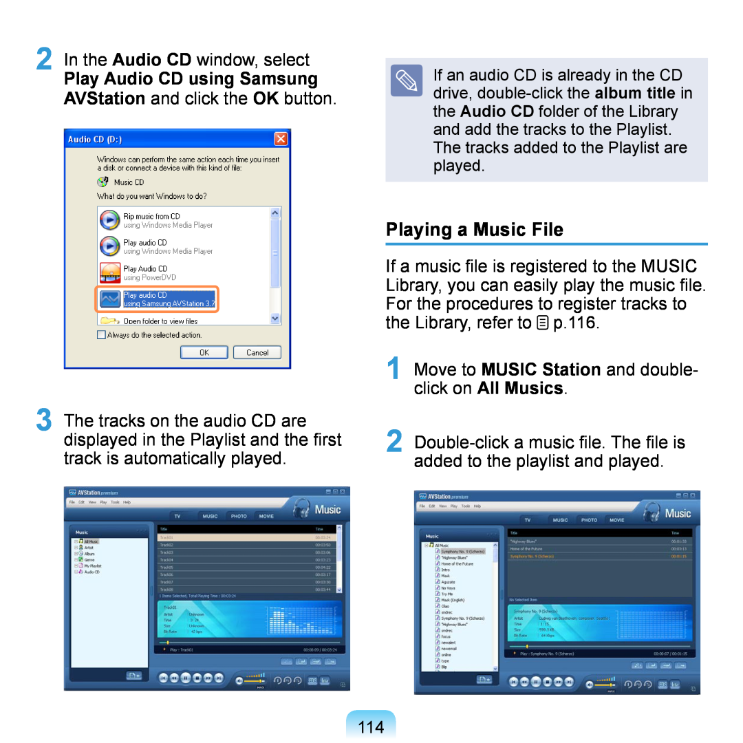 Samsung NP-Q1U/000/SEG, NP-Q1U/YM/SEG, NP-Q1U/001/SEG, NP-Q1UR000/SEG manual Playing a Music File, Play Audio CD using Samsung 
