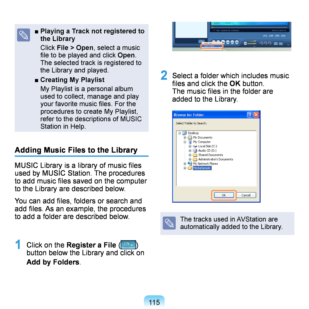 Samsung NP-Q1U/BAY/SEG, NP-Q1U/YM/SEG manual Adding Music Files to the Library, Click on the Register a File, Add by Folders 