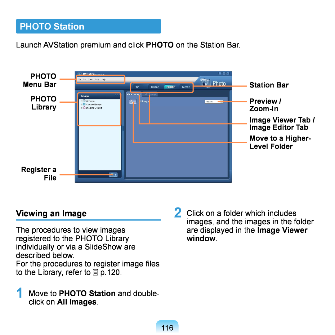 Samsung NP-Q1UA000/SEG, NP-Q1U/YM/SEG manual Viewing an Image, Move to PHOTO Station and double- click on All Images 