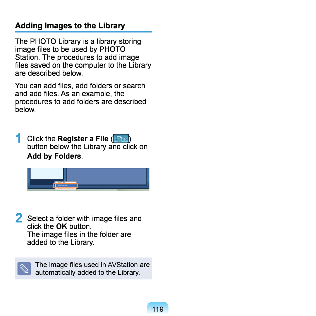 Samsung NP-Q1U/000/SEF, NP-Q1U/YM/SEG manual Adding Images to the Library, Click the Register a File, Add by Folders 