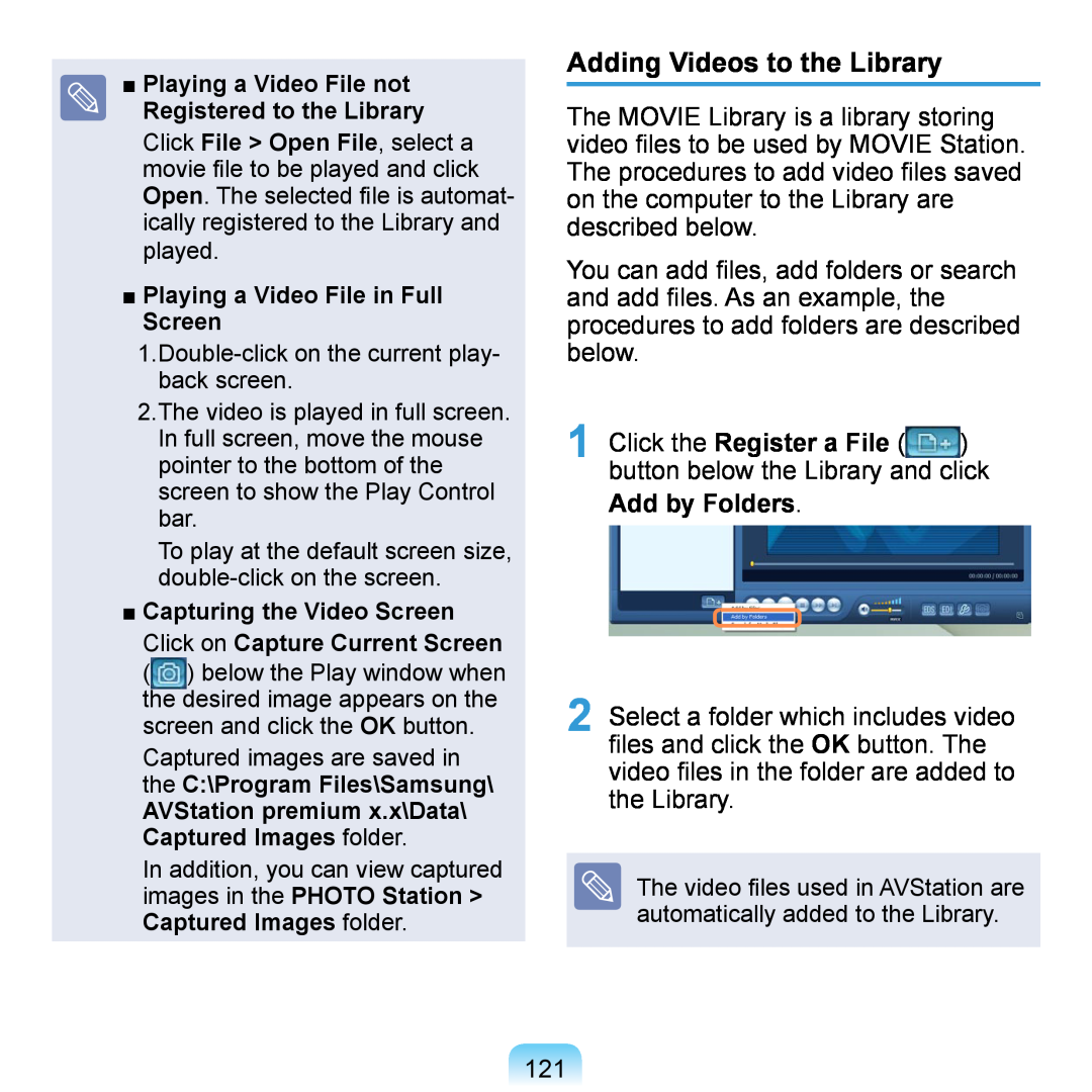 Samsung NP-Q1UFY01/SEF, NP-Q1U/YM/SEG manual Adding Videos to the Library, Click the Register a File, Add by Folders 