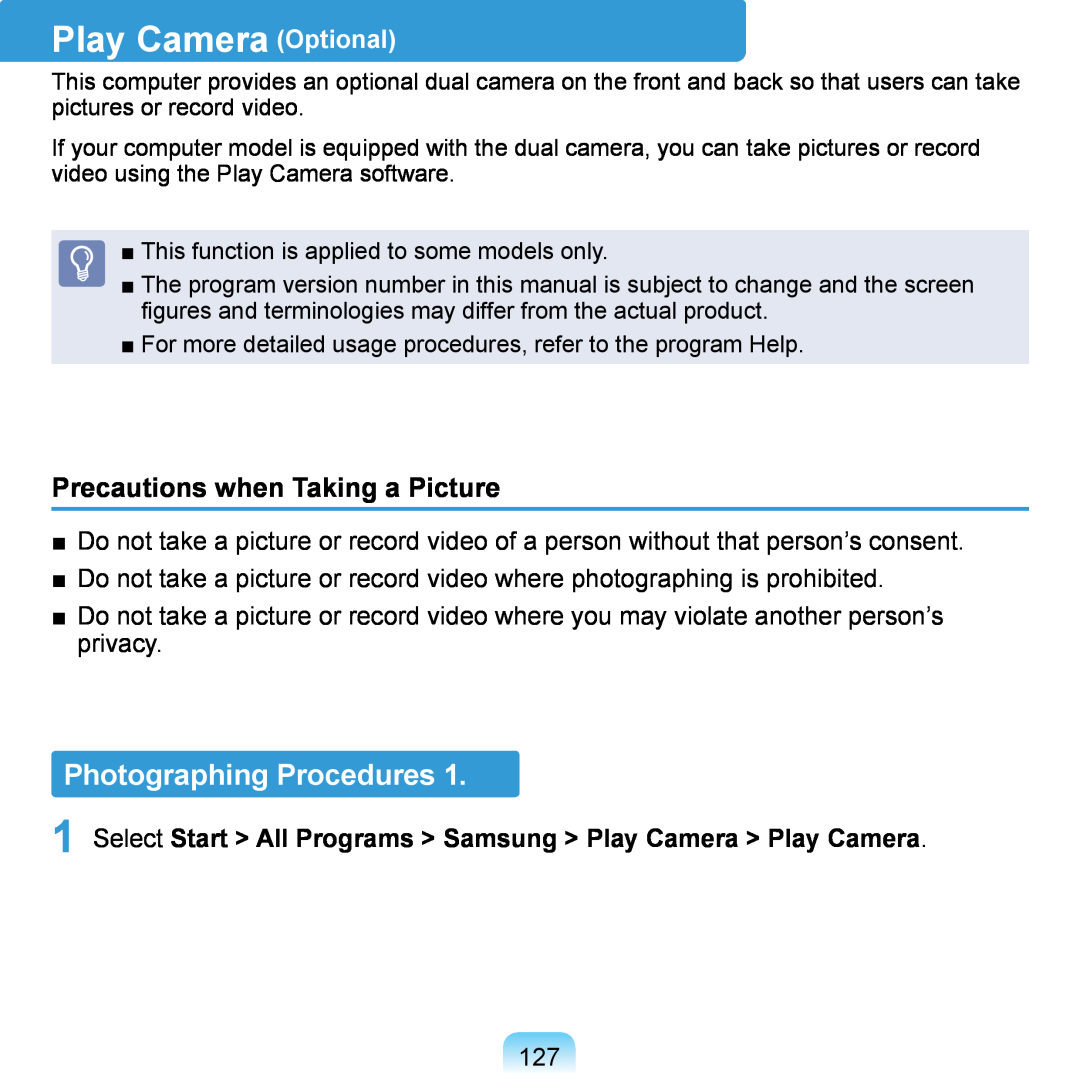 Samsung NP-Q1U/Y01/SEF, NP-Q1U/YM/SEG Play Camera Optional, Photographing Procedures, Precautions when Taking a Picture 