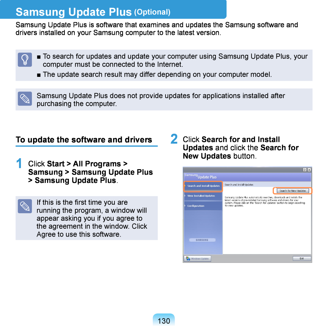 Samsung NP-Q1U/AUT/SEI manual Samsung Update Plus Optional, To update the software and drivers, Click Start All Programs 