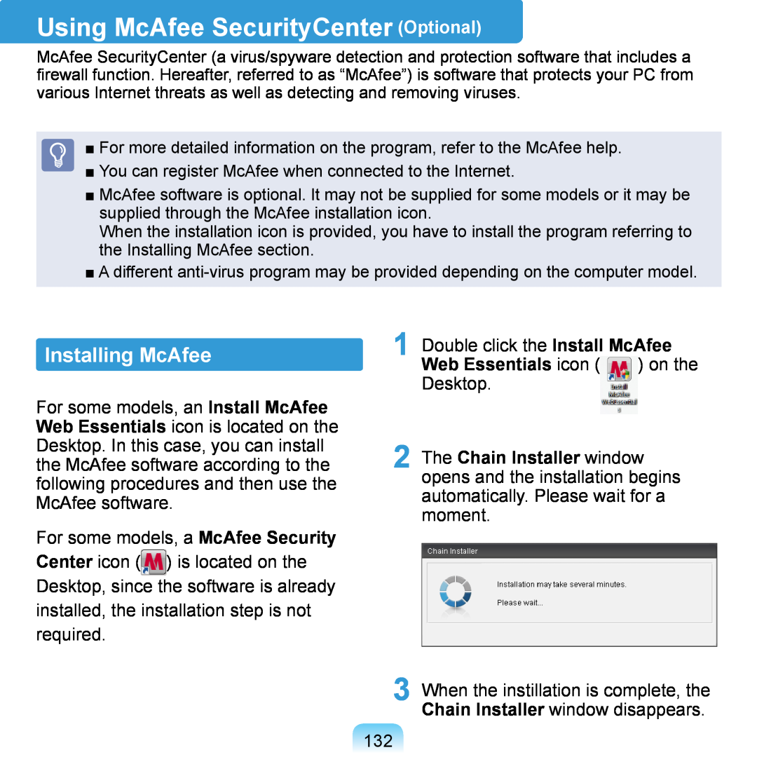 Samsung NP-Q1U/E01/SEI, NP-Q1U/YM/SEG manual Using McAfee SecurityCenter Optional, Installing McAfee, Web Essentials icon 