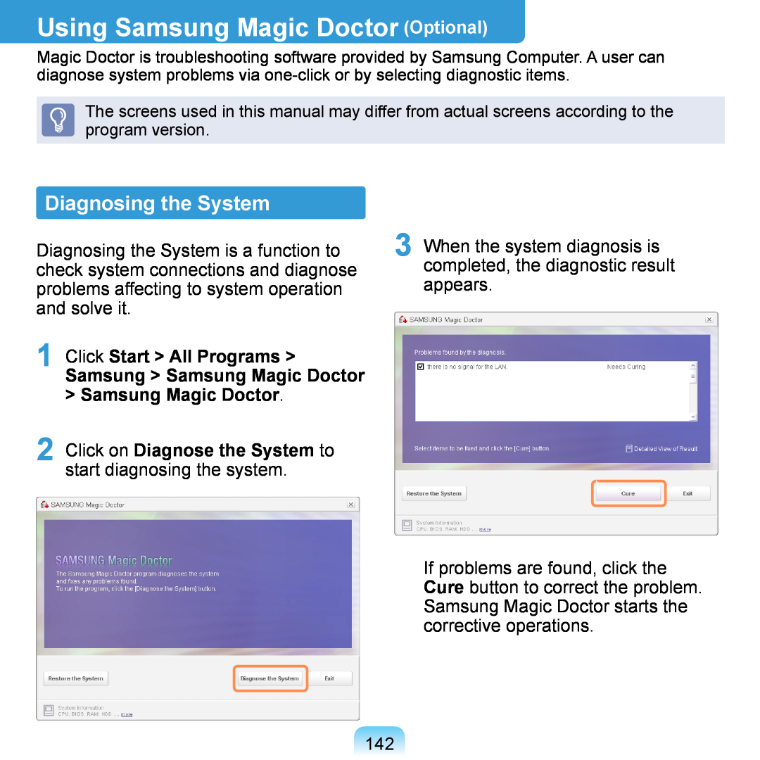 Samsung NP-Q1U/002/SES, NP-Q1U/YM/SEG Using Samsung Magic Doctor Optional, Diagnosing the System, Click Start All Programs 
