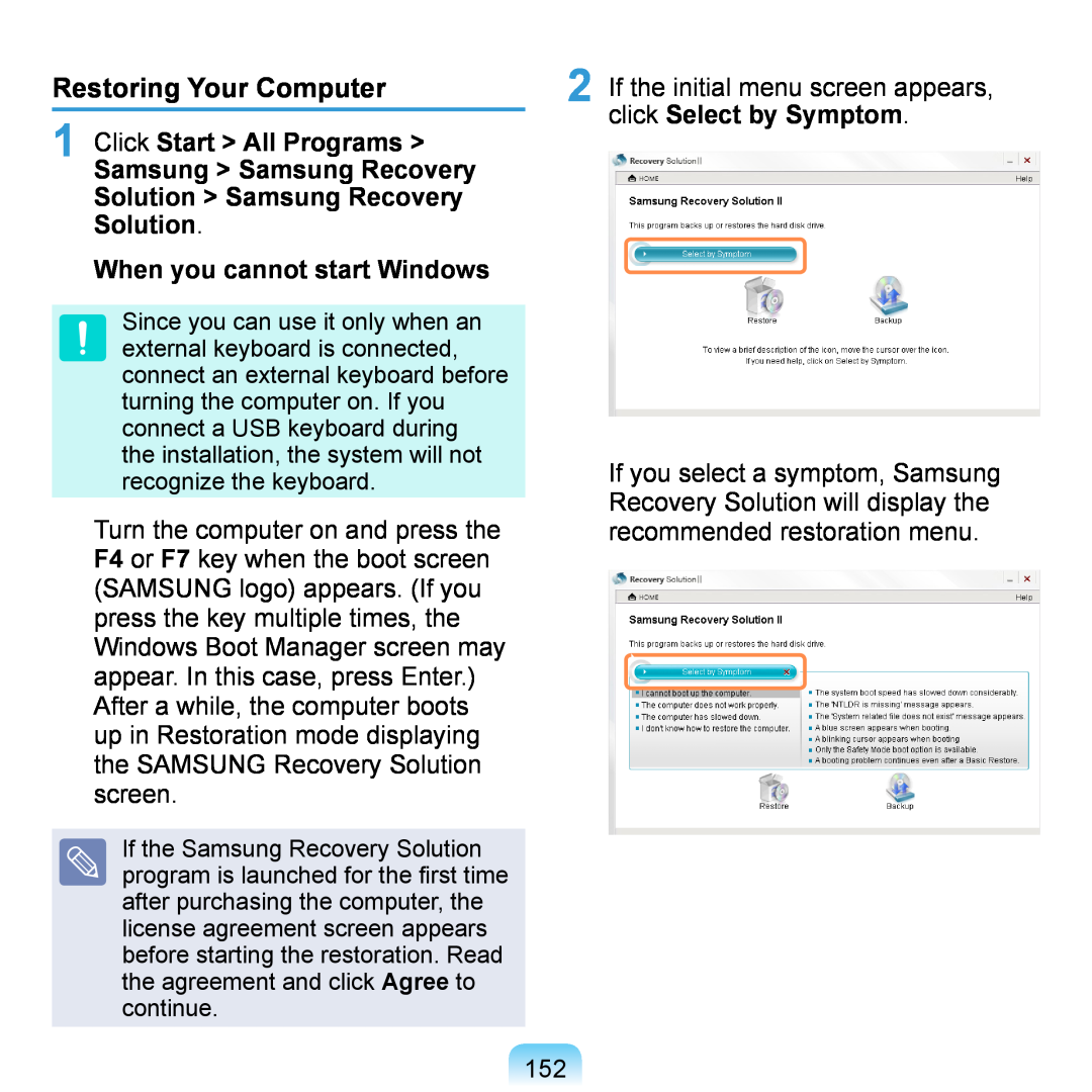 Samsung NP-Q1U/BAY/SEG, NP-Q1U/YM/SEG Restoring Your Computer, Samsung Samsung Recovery Solution Samsung Recovery Solution 