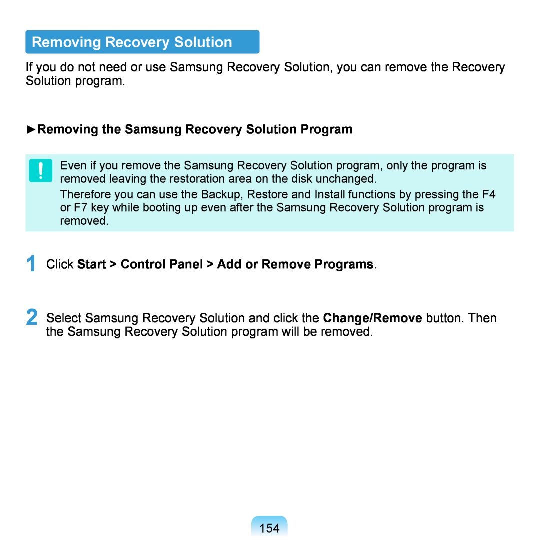Samsung NP-Q1U/002/SEF, NP-Q1U/YM/SEG manual Removing Recovery Solution, Removing the Samsung Recovery Solution Program 