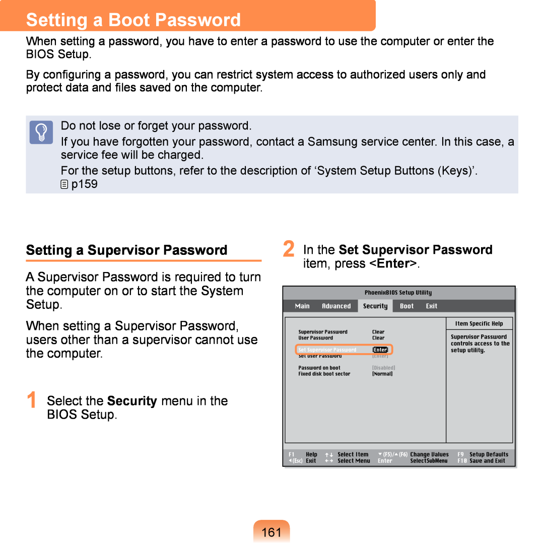 Samsung NP-Q1U/YM/SEF manual Setting a Boot Password, Setting a Supervisor Password, In the Set Supervisor Password 