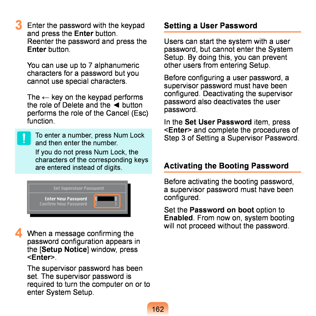 Samsung NP-Q1U-AIR/SEF, NP-Q1U/YM/SEG, NP-Q1U/001/SEG manual Setting a User Password, Activating the Booting Password 