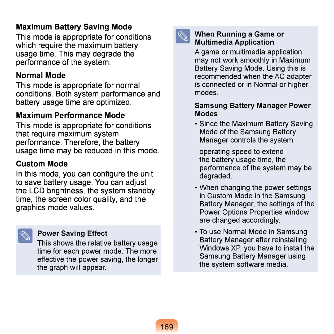 Samsung NP-Q1U/E01/SEI, NP-Q1U/YM/SEG manual Maximum Battery Saving Mode, Normal Mode, Maximum Performance Mode, Custom Mode 