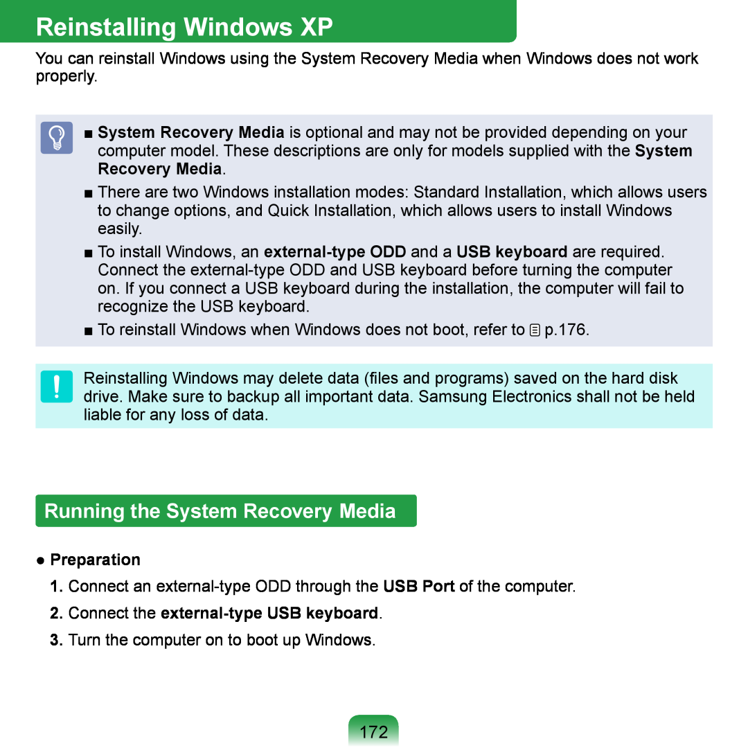 Samsung NP-Q1U/E00/SEI, NP-Q1U/YM/SEG manual Reinstalling Windows XP, Running the System Recovery Media, Preparation 