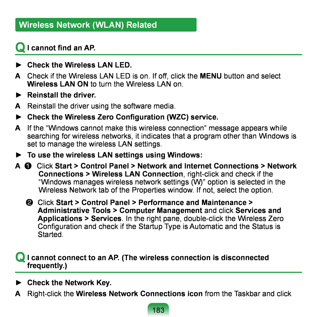 Samsung NP-Q1UA000/SER, NP-Q1U/YM/SEG manual Wireless Network WLAN Related, Q I cannot find an AP Check the Wireless LAN LED 