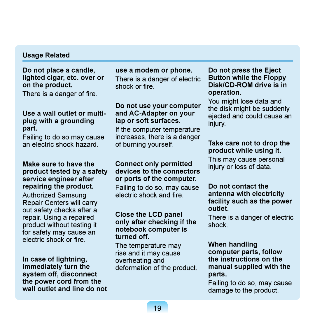 Samsung NP-Q1U/AUT/SEI Usage Related, Do not place a candle, use a modem or phone, Do not press the Eject, on the product 